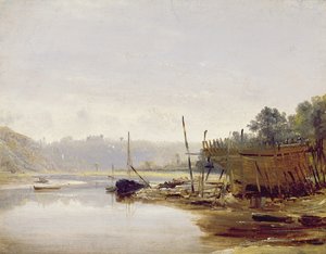 ブルターニュのディナン近くのボートビルディング、1838年頃（パネルに紙に油彩）